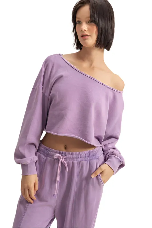 HYFVE Frayed Detail Boat Neck Long Sleeve Crop Top
