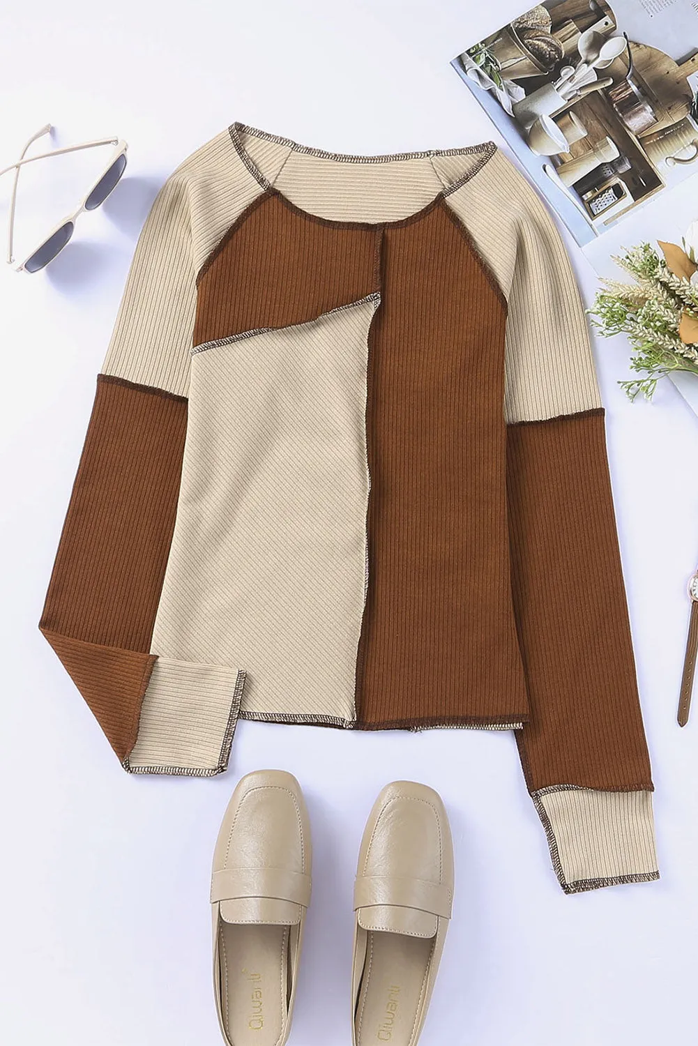 Irregular Color Block Seaming Trim Rib Knit Top