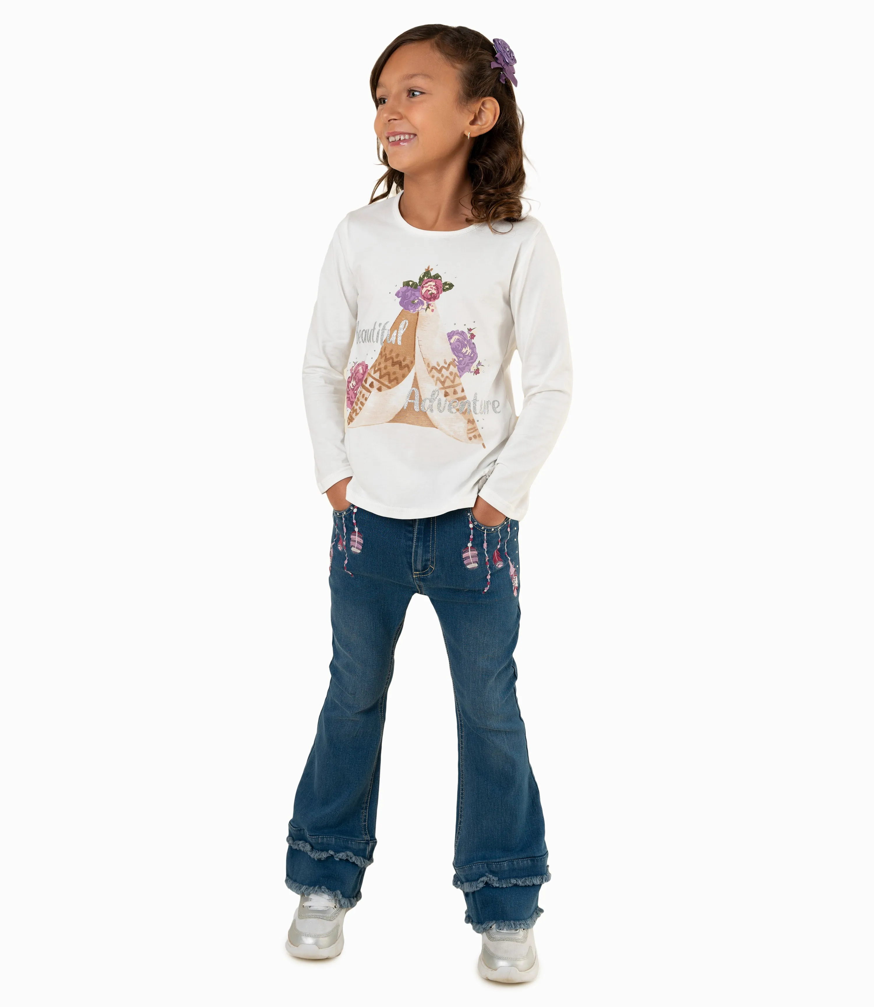 Jeans Niña Con Plumas Y Brillos