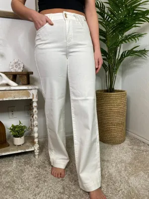 Judy Blue White HW Double Button Trouser Wide Leg Jeans