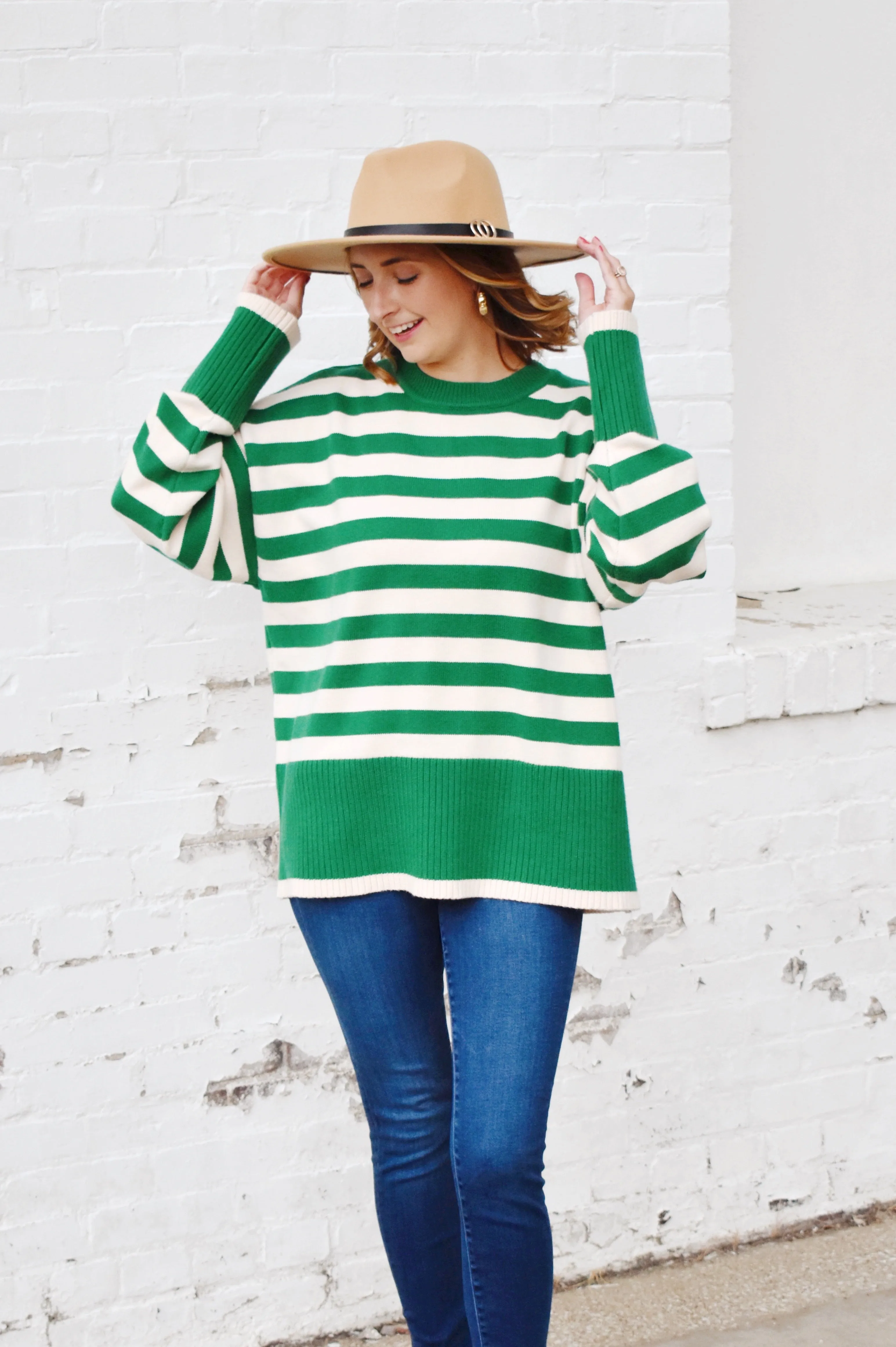 Kelly Green Striped Ribbed Detail Sweater