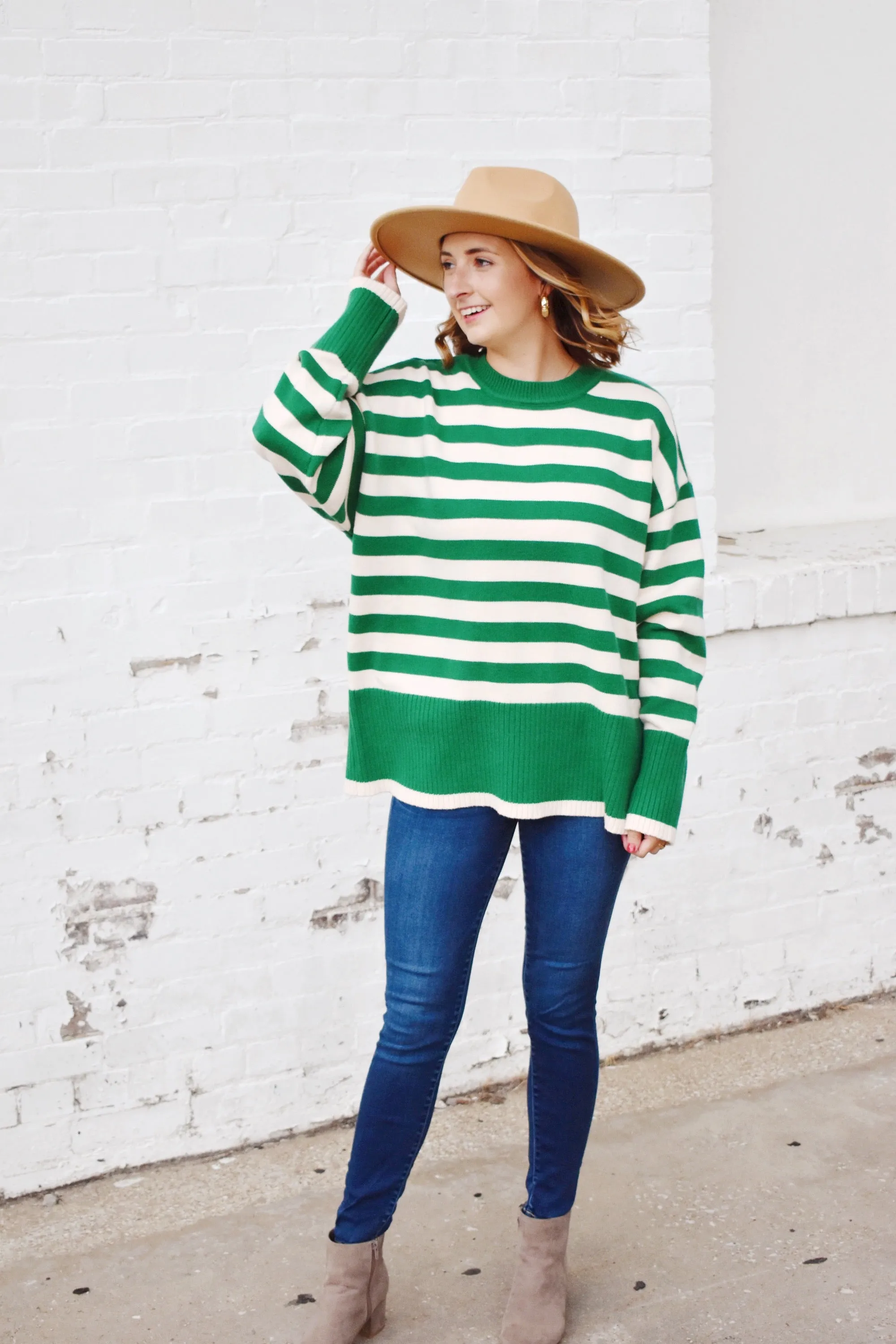 Kelly Green Striped Ribbed Detail Sweater