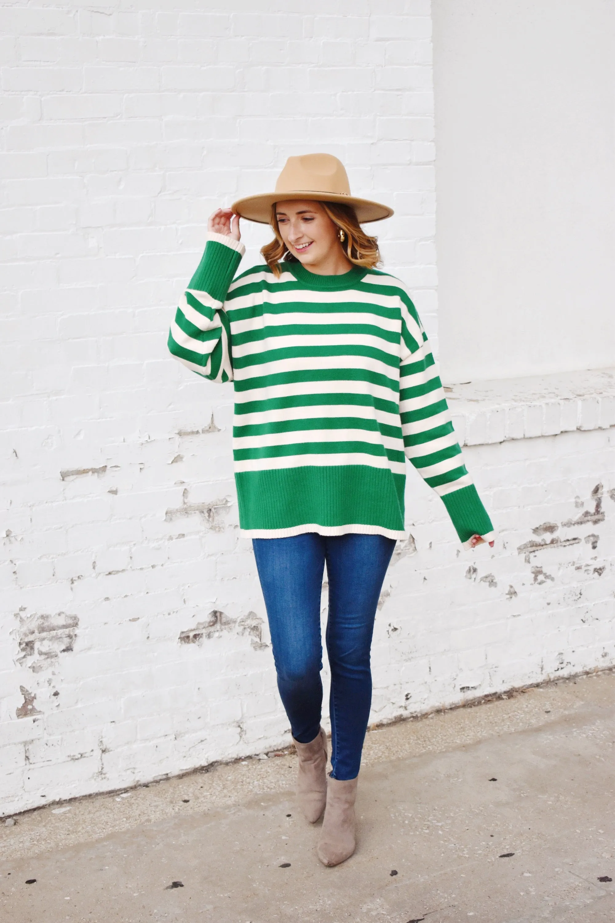 Kelly Green Striped Ribbed Detail Sweater