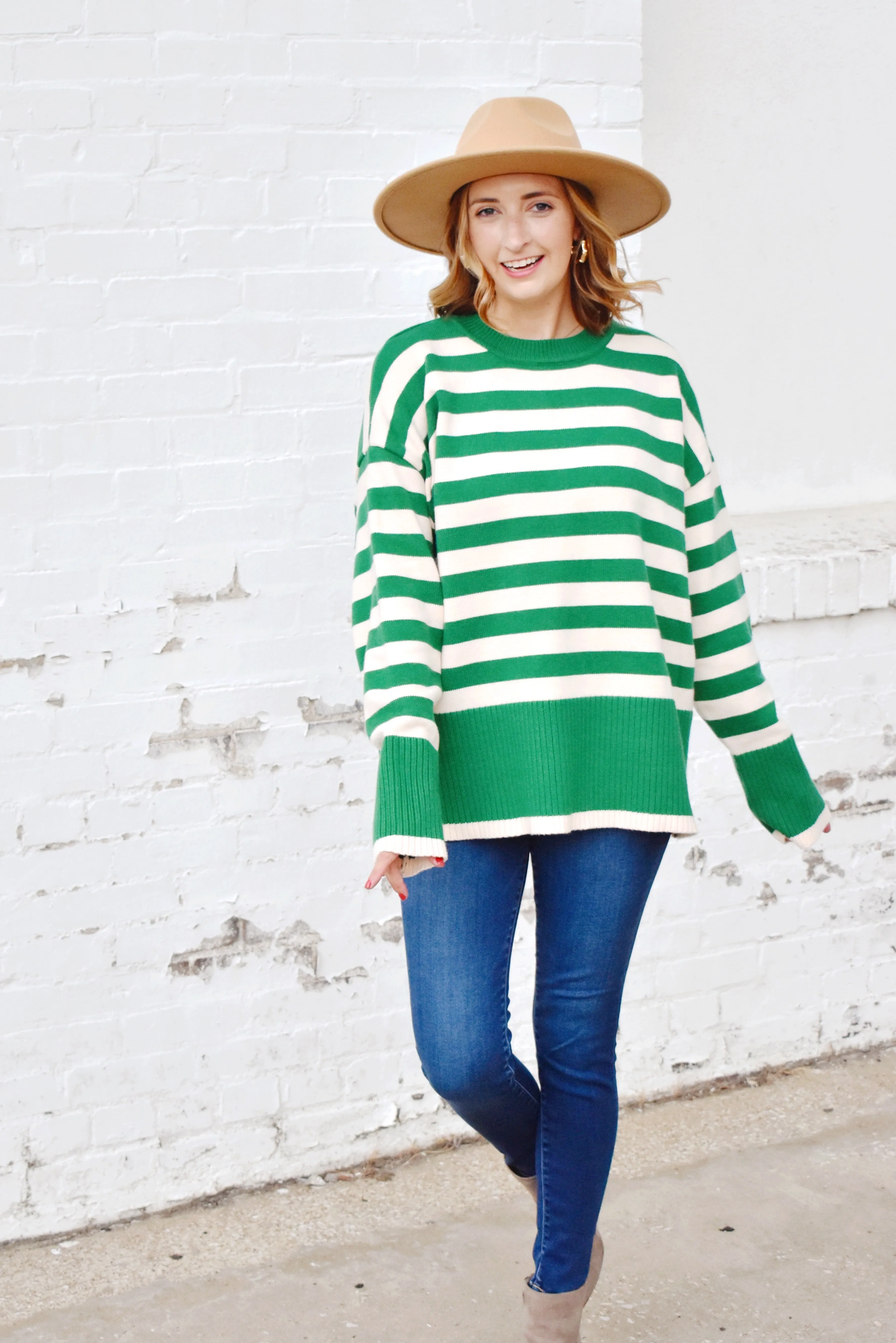 Kelly Green Striped Ribbed Detail Sweater