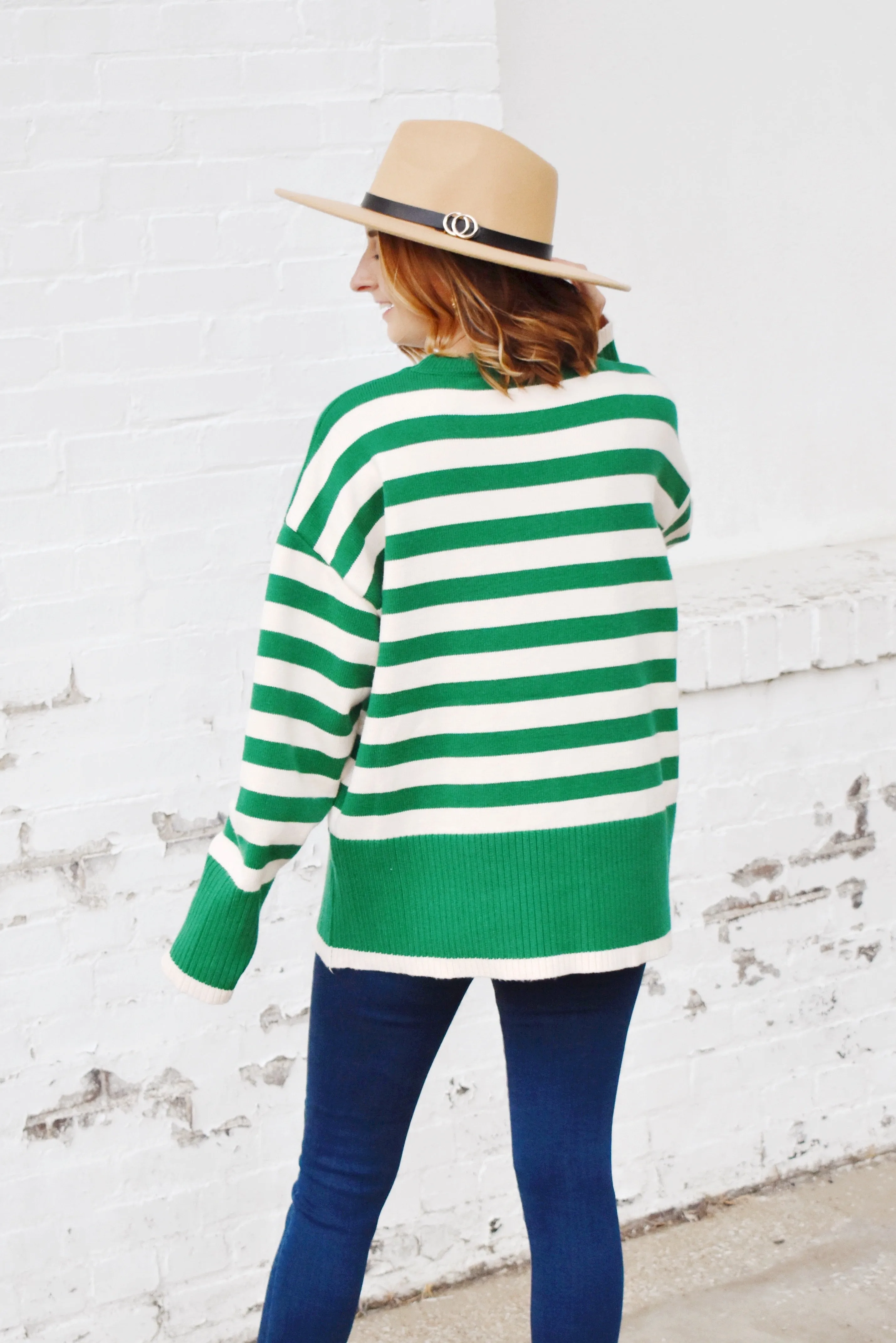 Kelly Green Striped Ribbed Detail Sweater