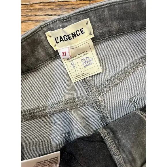 L AGENCE Size 27 Washed Charcoal Distressed High Rise Jeans Fringe Destroyed NEW