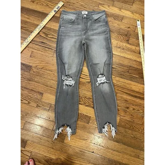 L AGENCE Size 27 Washed Charcoal Distressed High Rise Jeans Fringe Destroyed NEW