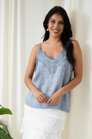 Lace Trim Linen Cami | Jeans Blue