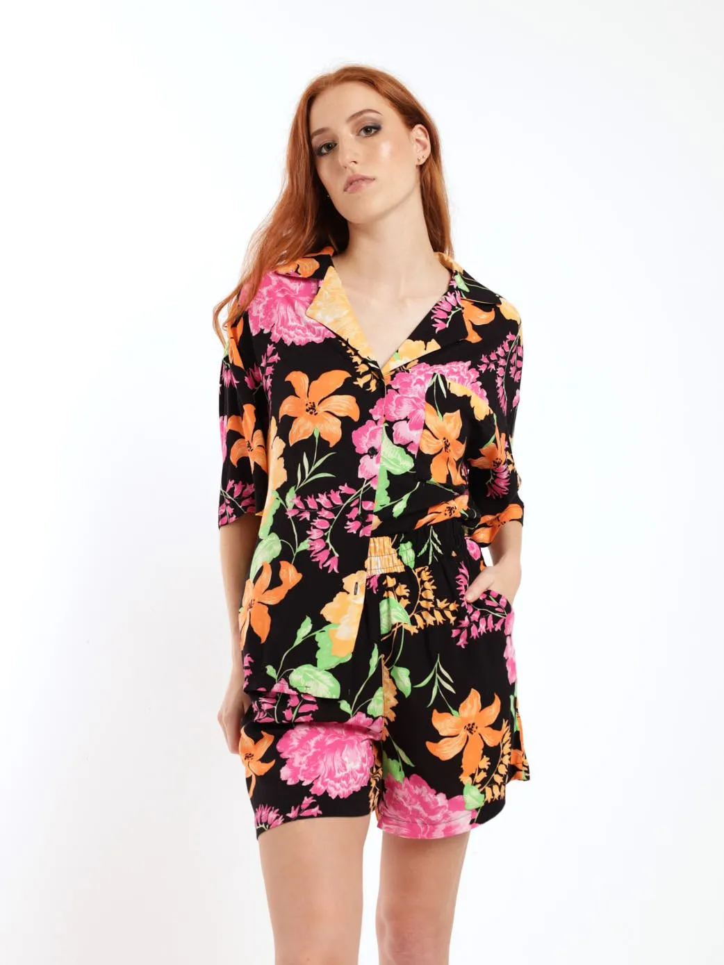 Ladies Short Sleeve Boxy Floral Shirt - Black/Orange