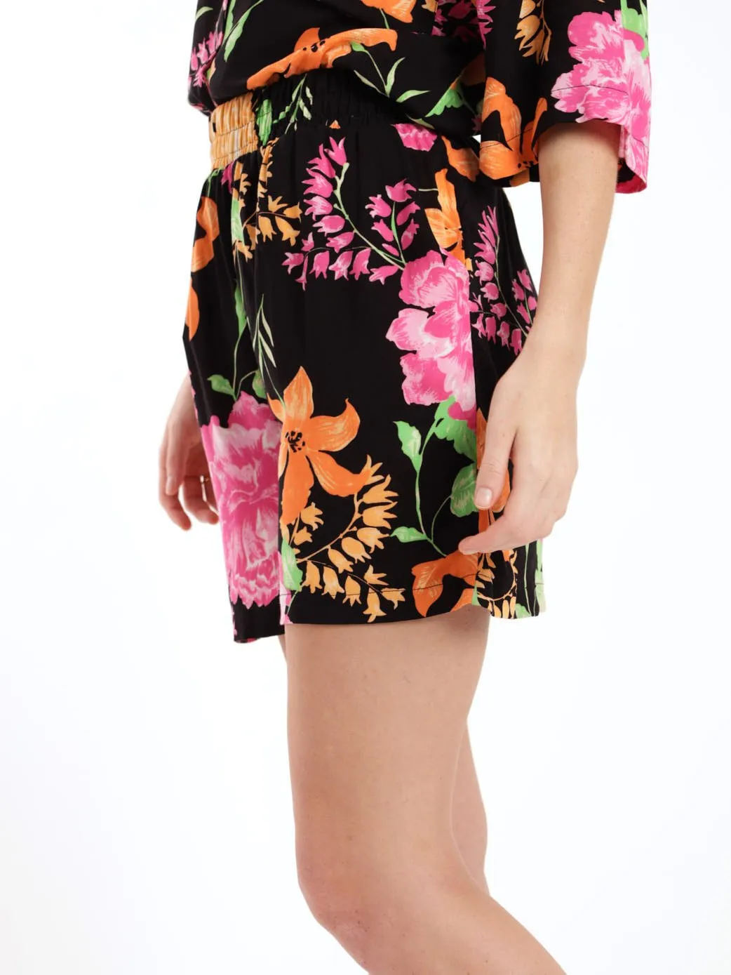 Ladies Short Sleeve Boxy Floral Shirt - Black/Orange