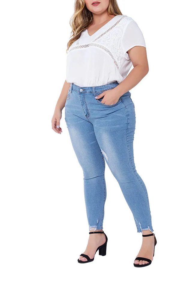 Large Size Jeans Female Hole-breaking Stretched Slim Ladies Jeans