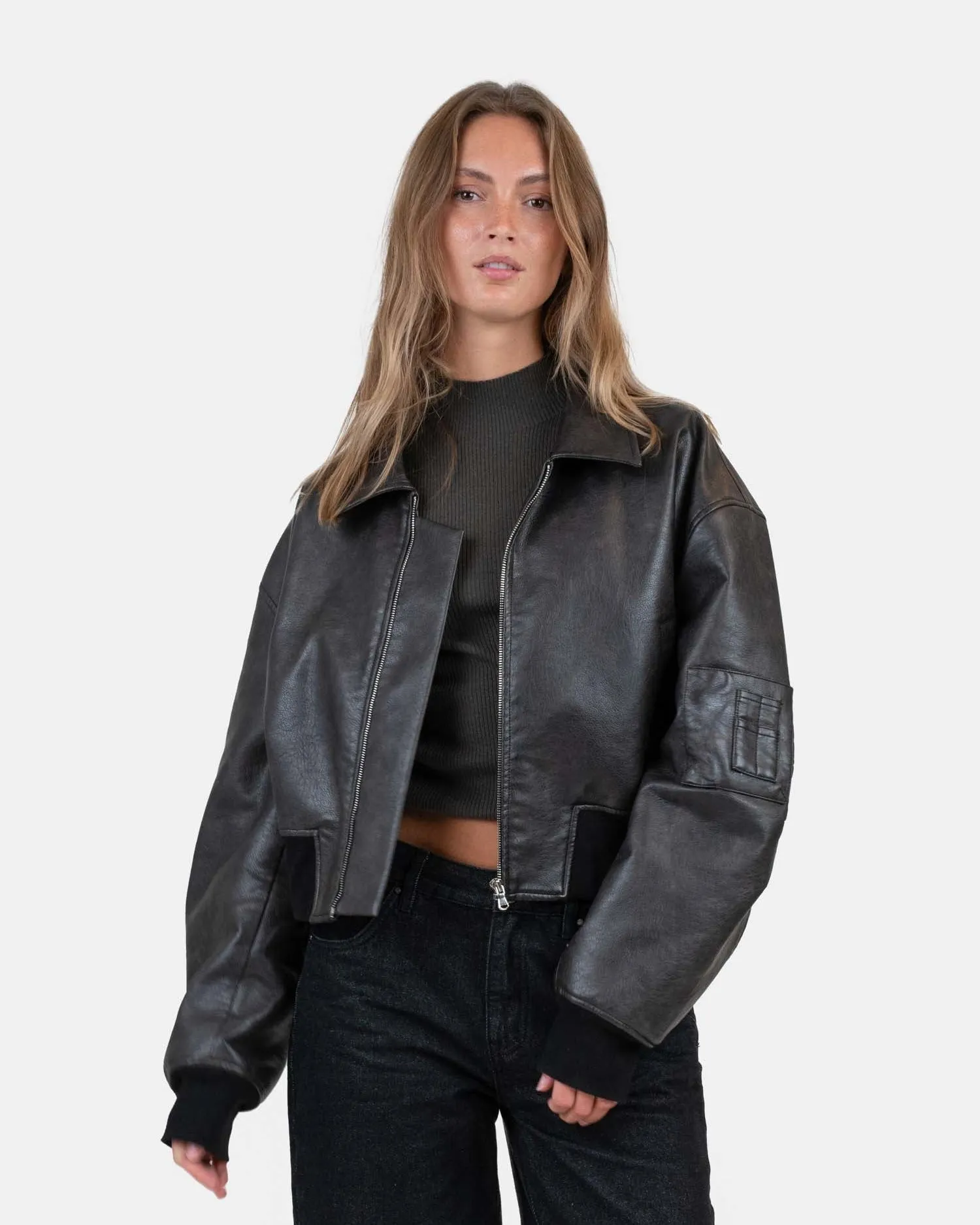 Leather Bomber Jacket Dark Brown