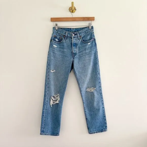 Levi's 501 Distressed High Rise Button-Fly Denim Straight Jeans Blue 24