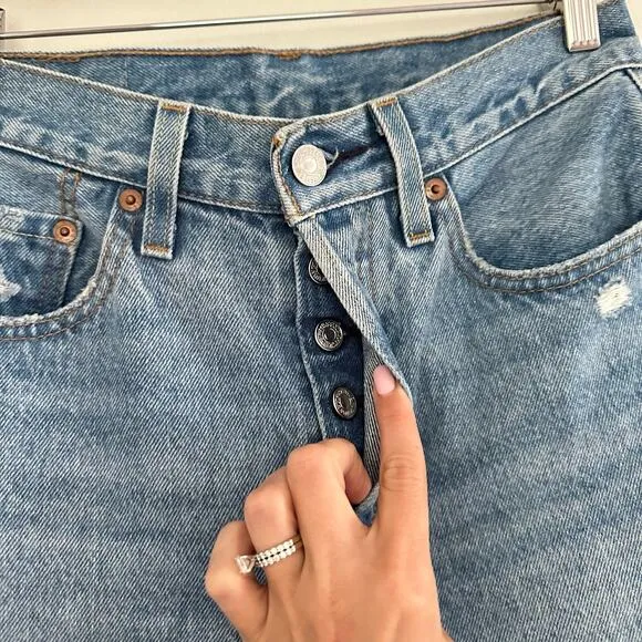 Levi's 501 Distressed High Rise Button-Fly Denim Straight Jeans Blue 24