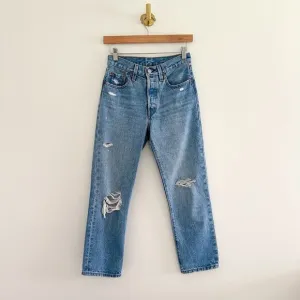 Levi's 501 Distressed High Rise Button-Fly Denim Straight Jeans Blue 24