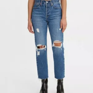 Levi's Premium Womens Wedgie Straight Jeans High Rise Size 27 x 26 Distressed