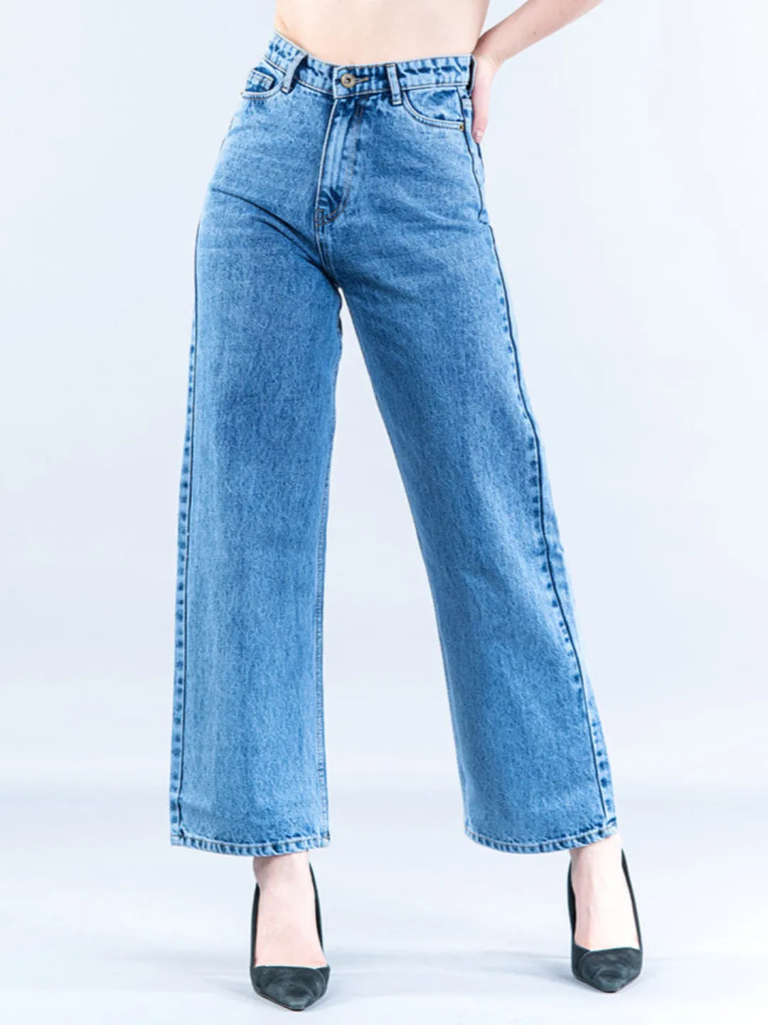 Light Blue Straight Flared-fit Jeans For Women