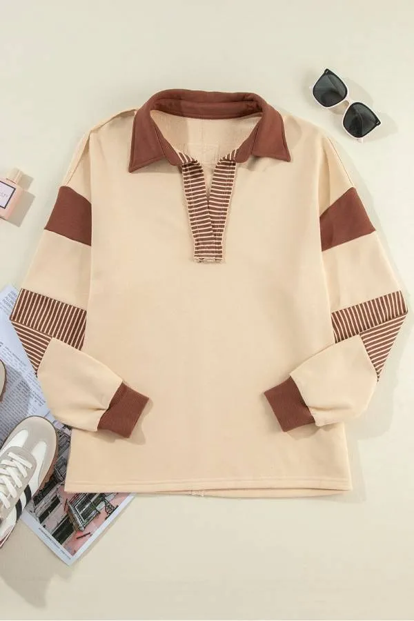Light French Beige Striped Patchwork Collar Sweatshirt