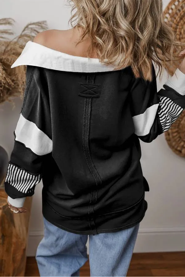 Light French Beige Striped Patchwork Collar Sweatshirt