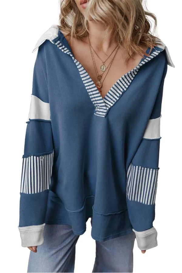 Light French Beige Striped Patchwork Collar Sweatshirt