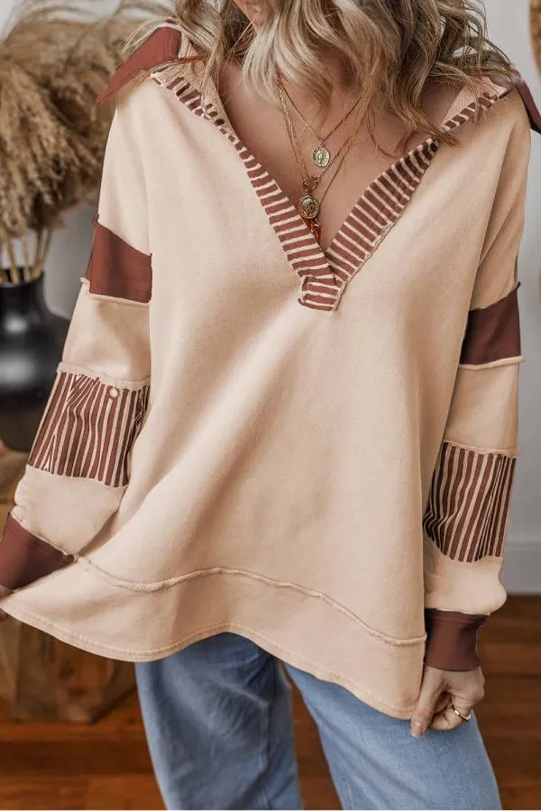 Light French Beige Striped Patchwork Collar Sweatshirt