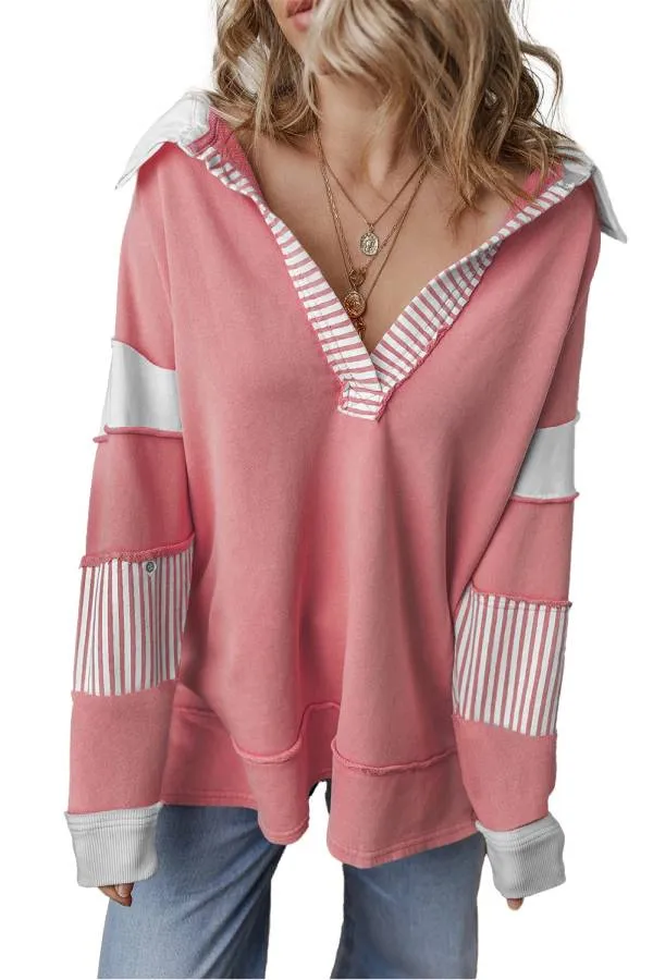 Light French Beige Striped Patchwork Collar Sweatshirt