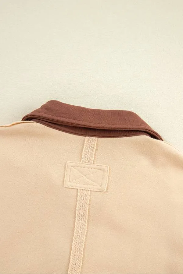 Light French Beige Striped Patchwork Collar Sweatshirt