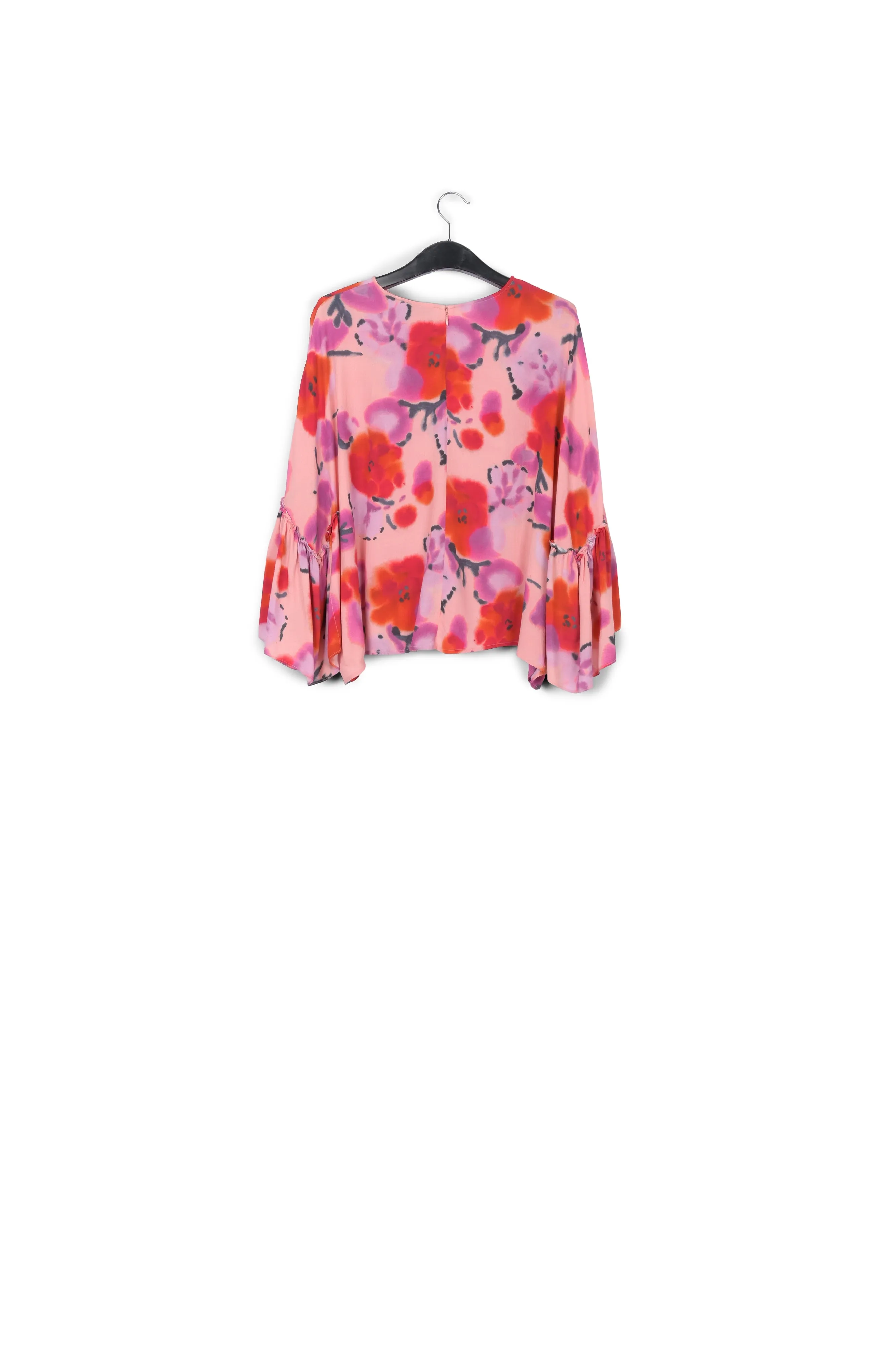 Light pink, red and purple floral printed top with ruffled sleeves