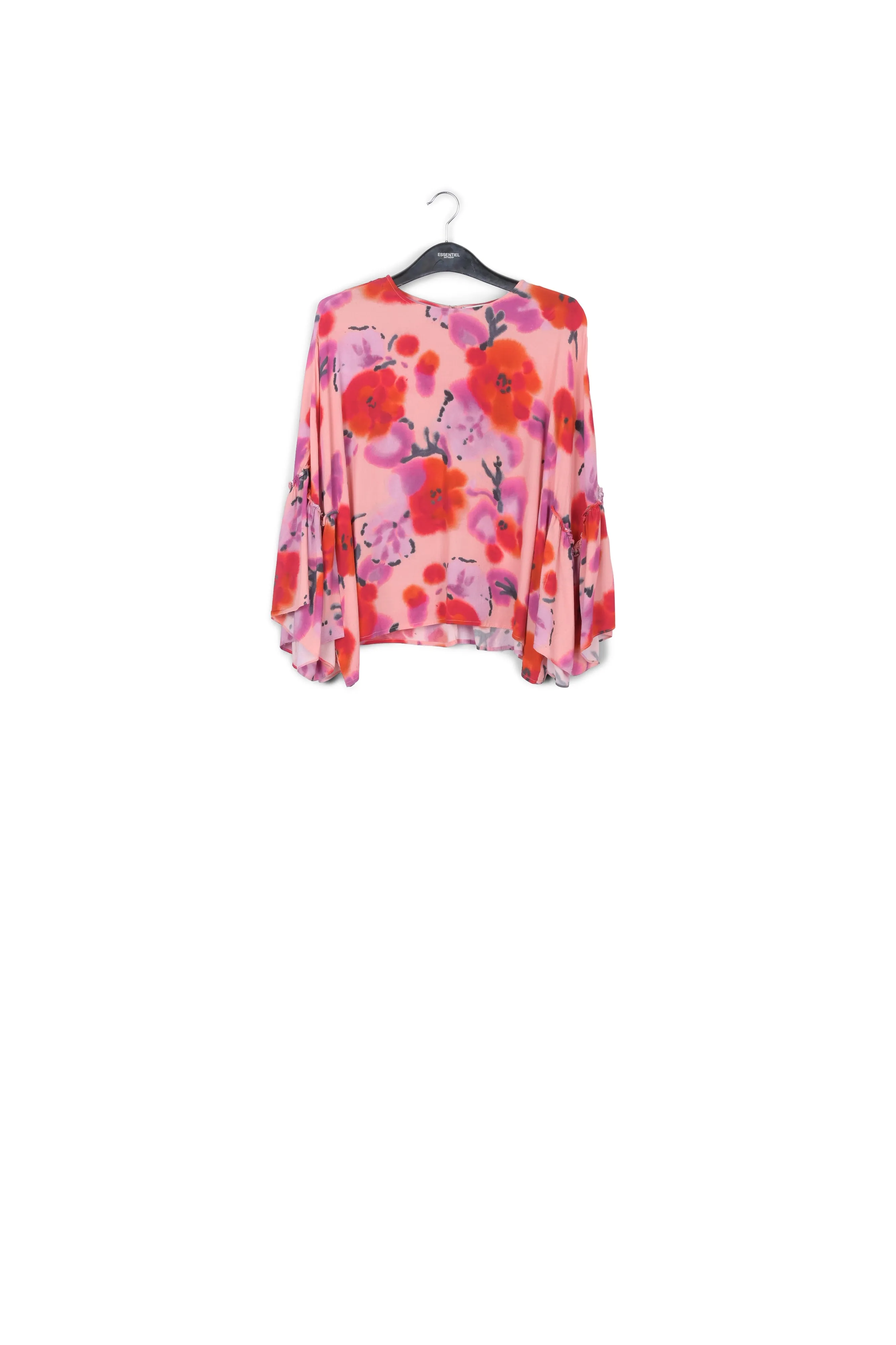 Light pink, red and purple floral printed top with ruffled sleeves