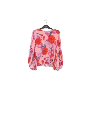 Light pink, red and purple floral printed top with ruffled sleeves