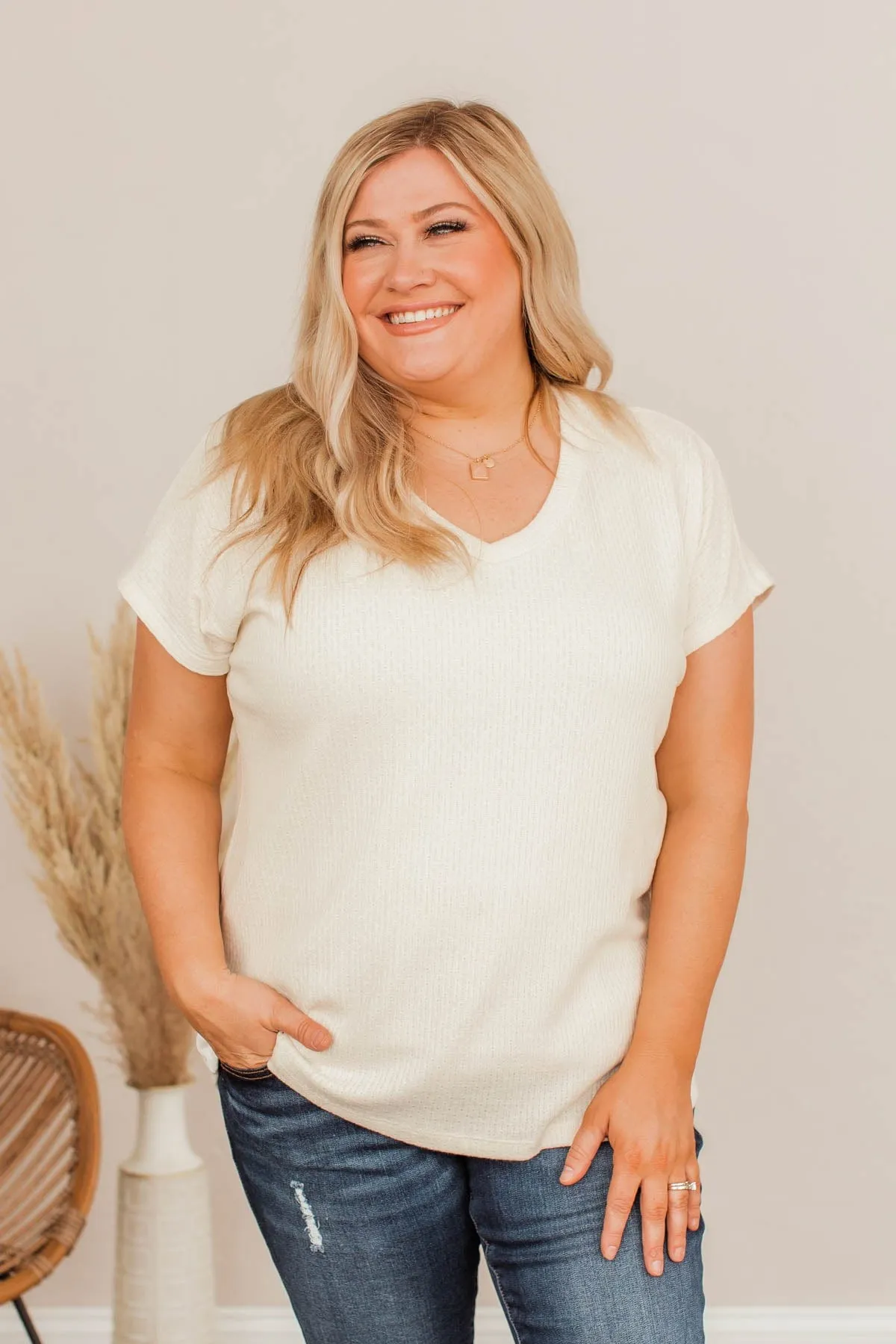 Light Up My Heart V-Neck Top- Ivory