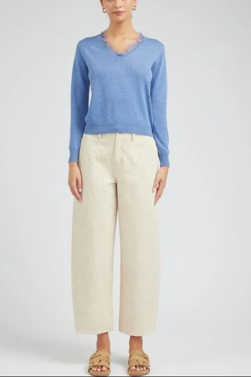 Long-Sleeve V-Neck Sweater with Lace Detail (2 Color Ways)