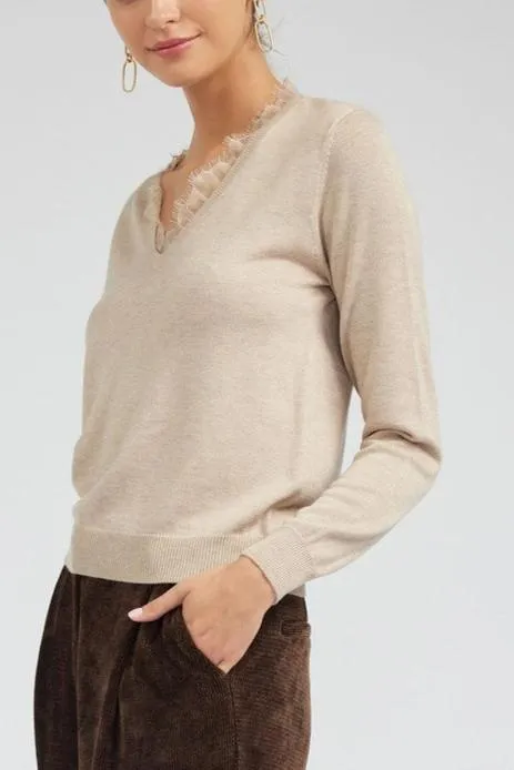 Long-Sleeve V-Neck Sweater with Lace Detail (2 Color Ways)