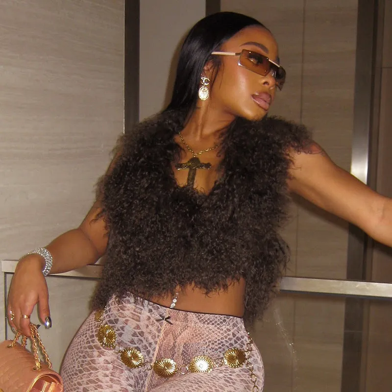 Luxurious Faux Fur Halter Neck Crop Top for Bold Statement Looks