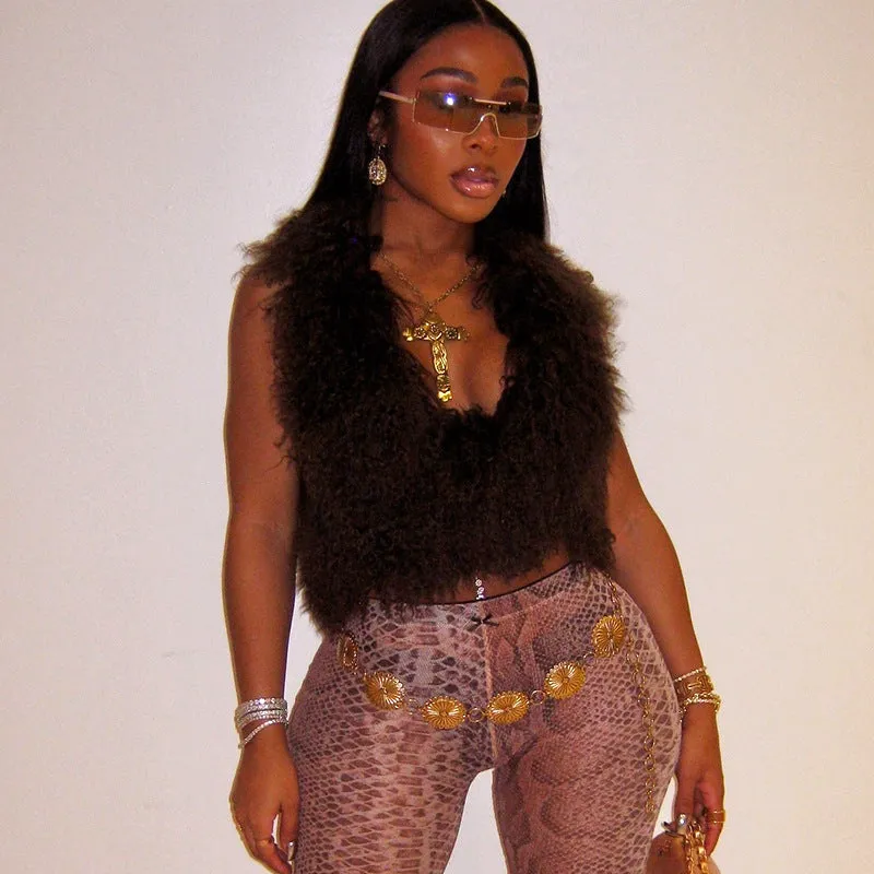 Luxurious Faux Fur Halter Neck Crop Top for Bold Statement Looks