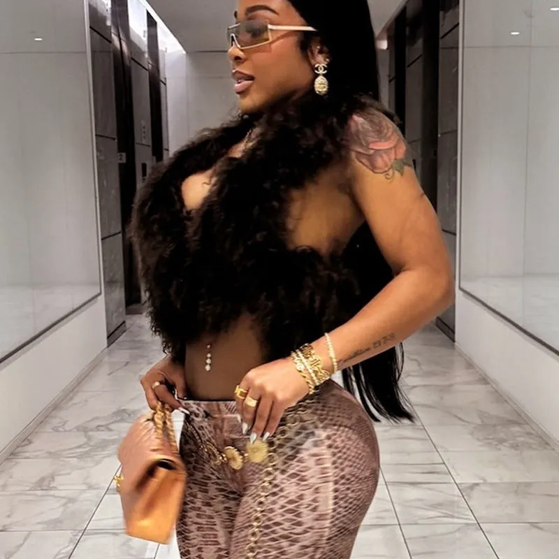 Luxurious Faux Fur Halter Neck Crop Top for Bold Statement Looks