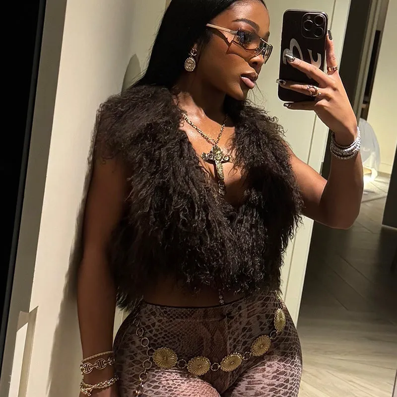 Luxurious Faux Fur Halter Neck Crop Top for Bold Statement Looks