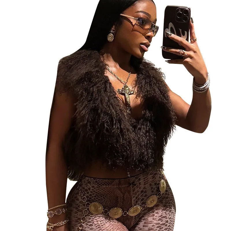 Luxurious Faux Fur Halter Neck Crop Top for Bold Statement Looks