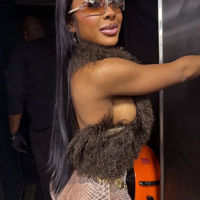 Luxurious Faux Fur Halter Neck Crop Top for Bold Statement Looks