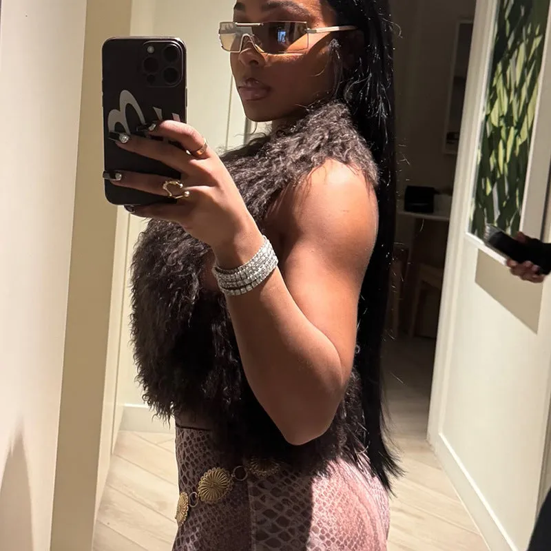 Luxurious Faux Fur Halter Neck Crop Top for Bold Statement Looks