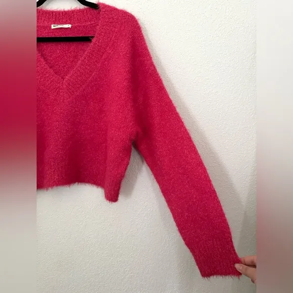Marine Layer Teddy Eyelash V-Neck Wool Blend Sweater Raspberry Pink Size Small