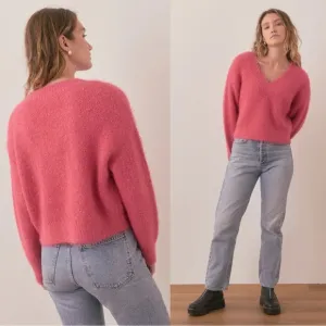 Marine Layer Teddy Eyelash V-Neck Wool Blend Sweater Raspberry Pink Size Small