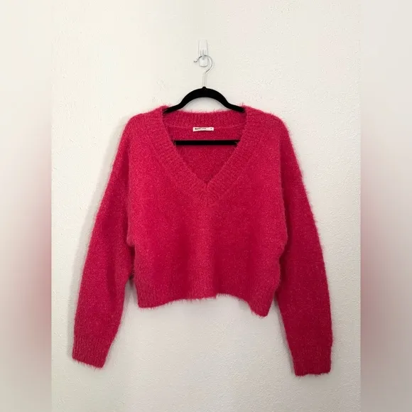 Marine Layer Teddy Eyelash V-Neck Wool Blend Sweater Raspberry Pink Size Small