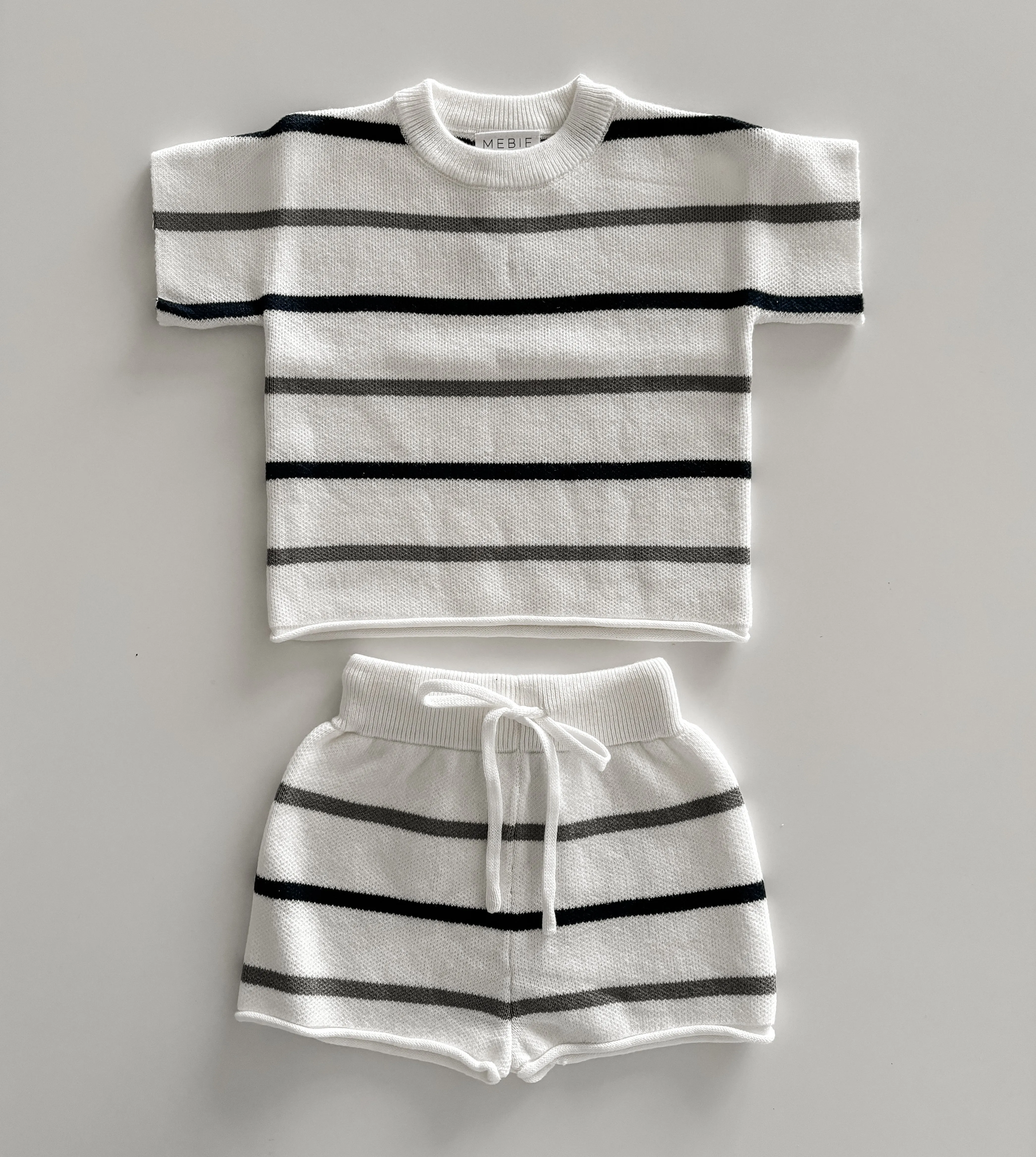 Mebie Baby Sage   Navy Knit Stripe Knit Short Set