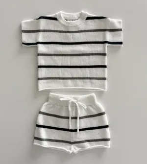 Mebie Baby Sage   Navy Knit Stripe Knit Short Set