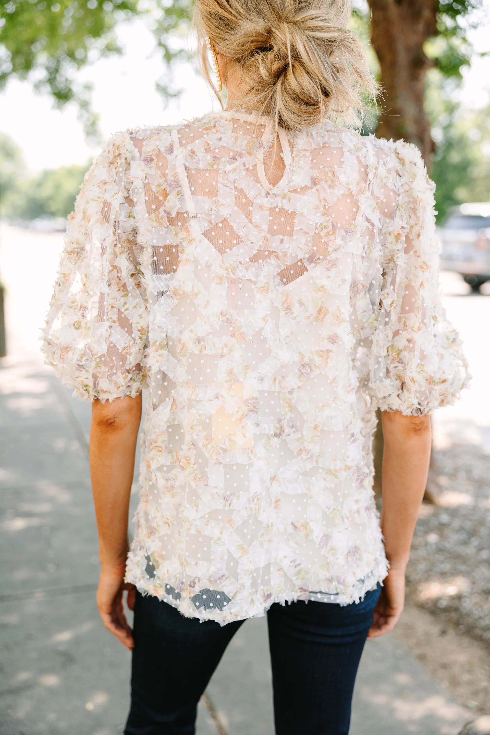 Meet In The Garden Natural White Textured Floral Blouse