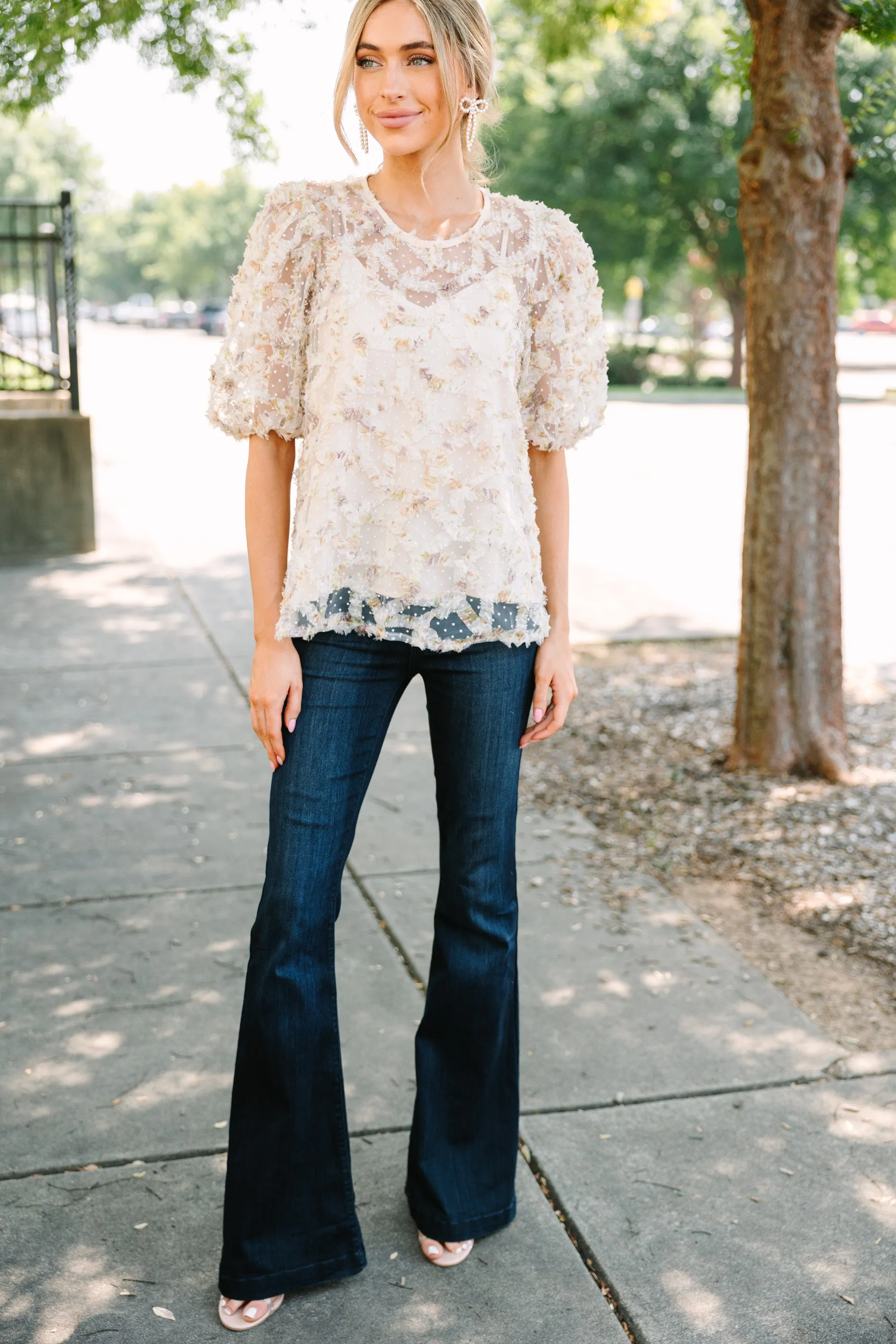 Meet In The Garden Natural White Textured Floral Blouse