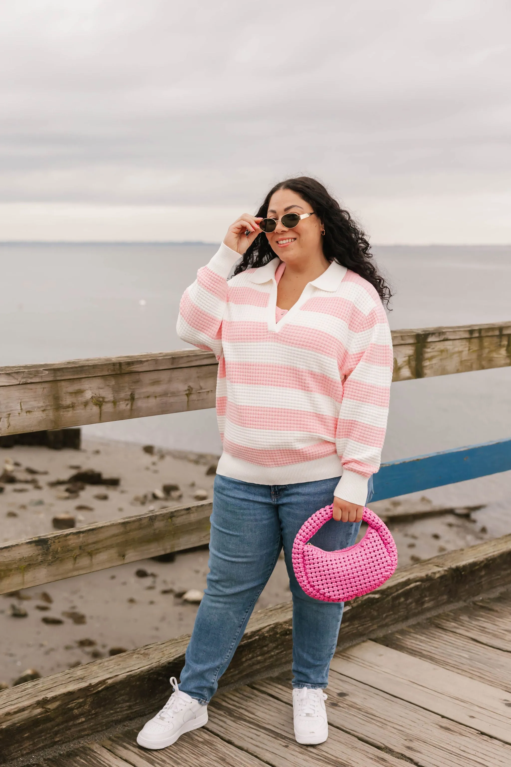 Megan Waffle Sweater in Blossom Pink Stripe