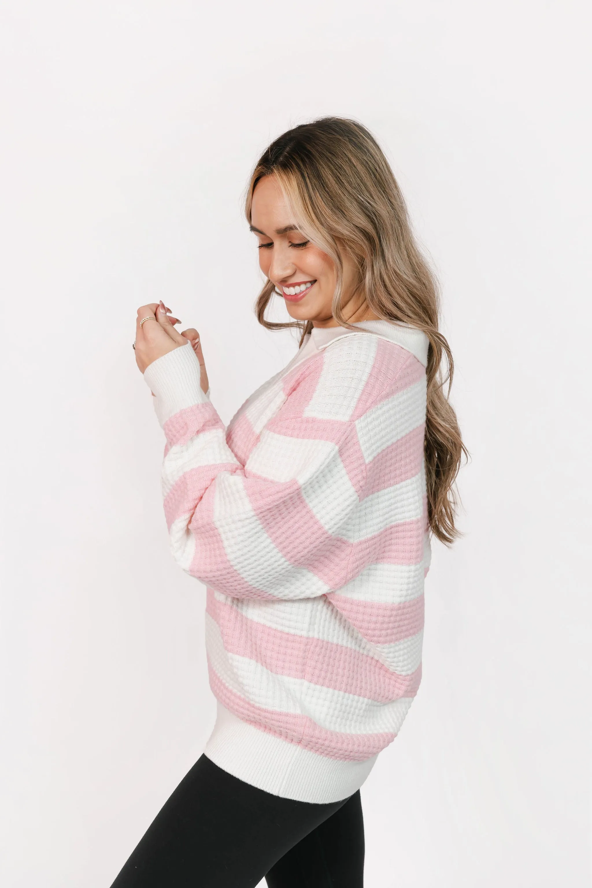 Megan Waffle Sweater in Blossom Pink Stripe