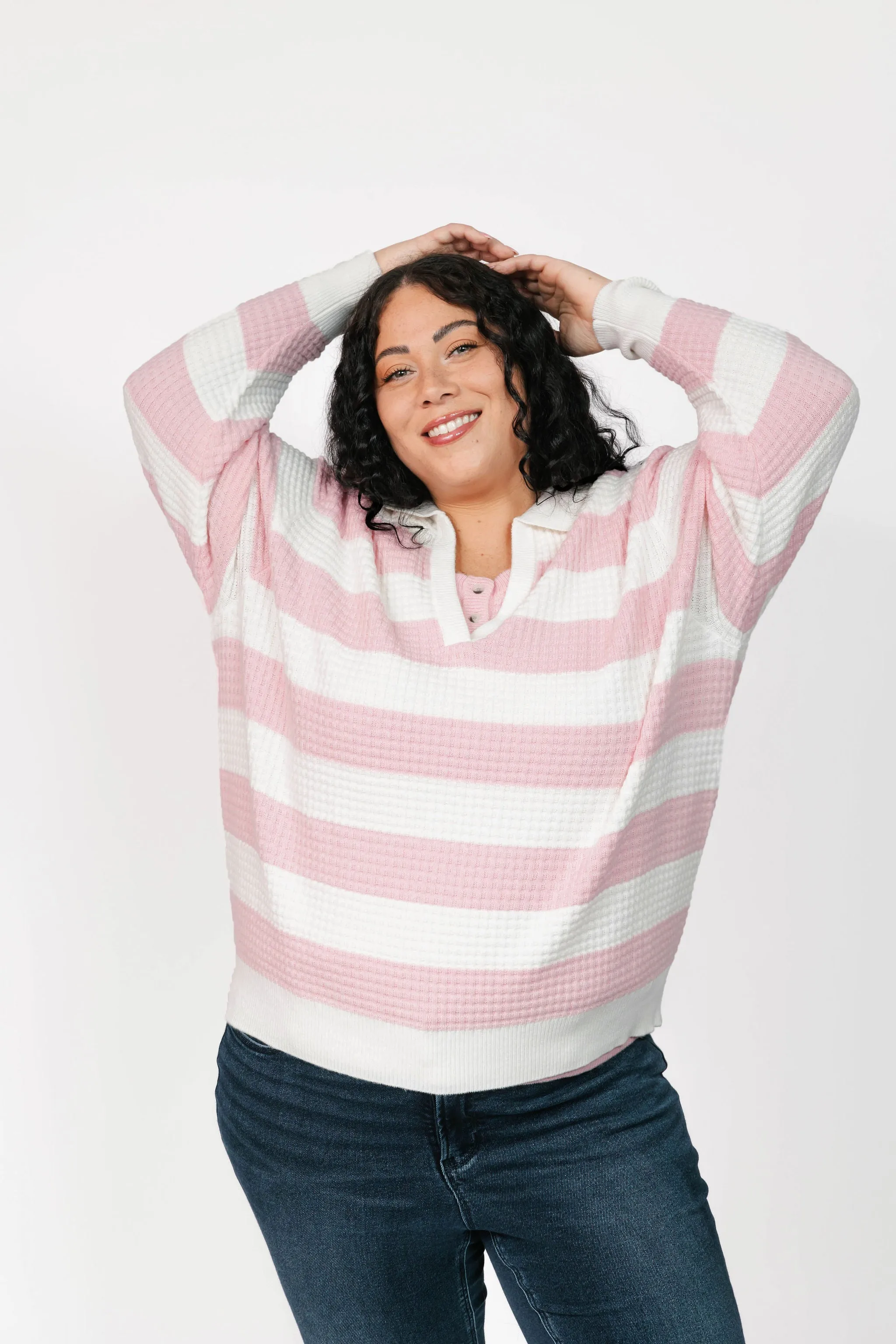 Megan Waffle Sweater in Blossom Pink Stripe